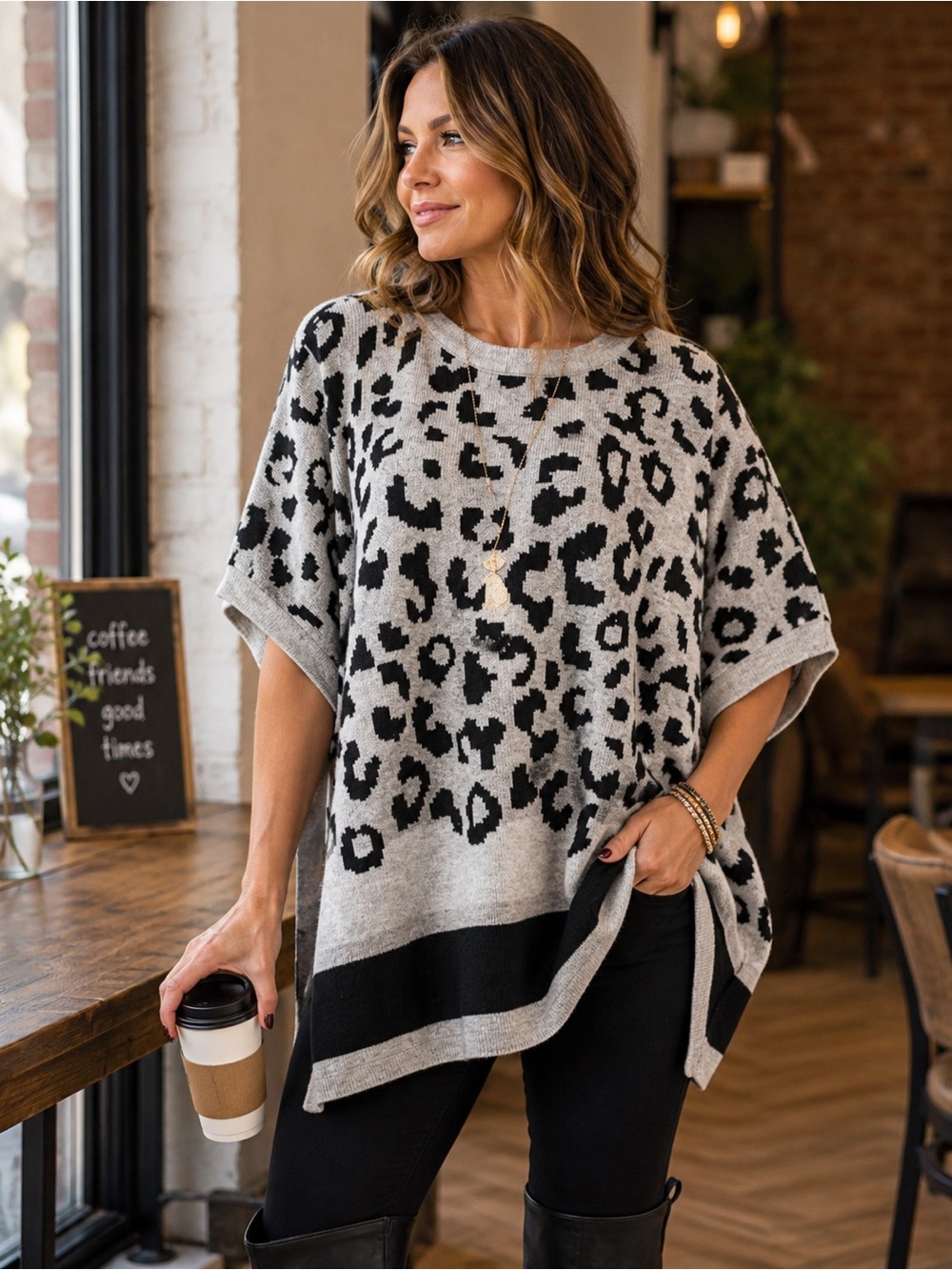 Adora Leopard Print Oversized Sweater Women’s L Gray Black Animal Print Knit Top